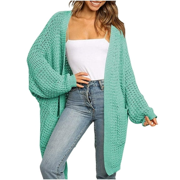 hoksml Women's Long Knit Cardigan Solid Color Loose Fit Long Sleeve Hoodless Sweater Jacket Coat with Pockets