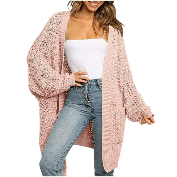 hoksml Women's Long Knit Cardigan Solid Color Loose Fit Long Sleeve Hoodless Sweater Jacket Coat with Pockets