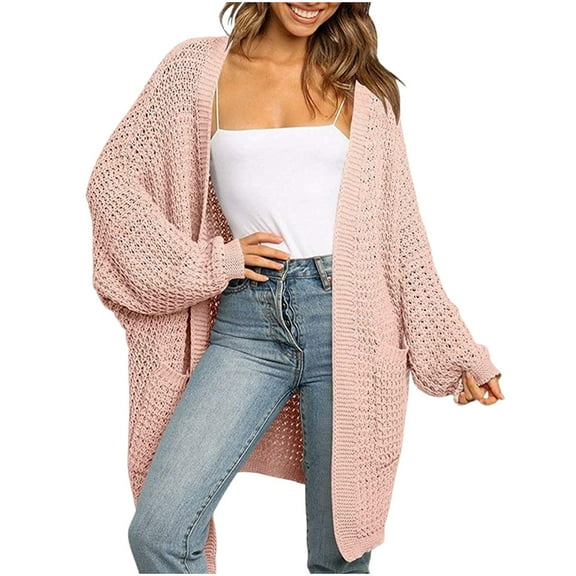hoksml Women's Long Knit Cardigan Solid Color Loose Fit Long Sleeve Hoodless Sweater Jacket Coat with Pockets