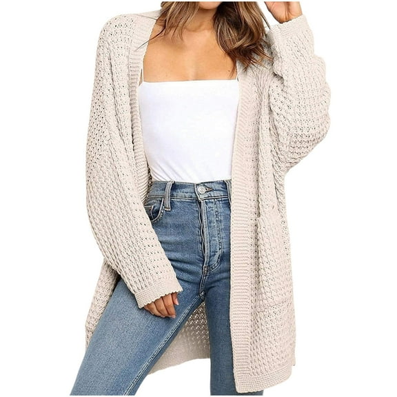 hoksml Women's Long Knit Cardigan Solid Color Loose Fit Long Sleeve Hoodless Sweater Jacket Coat with Pockets