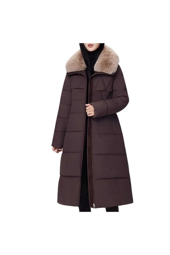Women's Long Puffer Coat Fake Fur Collar Knee-Length Winter Jacket with Belted Waist Heavyweight Down Alternative Jacket