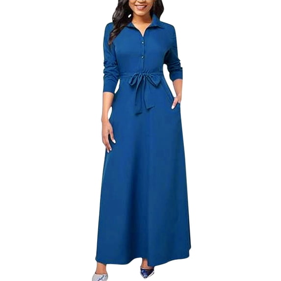 hoksml Women's Long Sleeve Maxi Shirt Dress, Button Front Self-Tie Waist Dress with Pockets, Casual Office and Daily Wear Dress in Black Blue