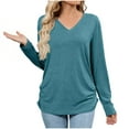 thumbnail image 1 of hoksml Women's Long Sleeve Shirt Fashion Solid Color V-neck Leisure Side Pleats Loose Tee Pullover Top, 1 of 6