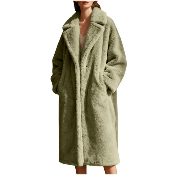 hoksml Women's Long Teddy Sherpa Fleece Coat Solid Color Notched Lapel Loose Thickened Warm Winter Jacket with Pockets