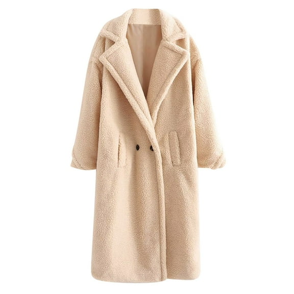 hoksml Women's Long Teddy Sherpa Fleece Coat Solid Color Notched Lapel Loose Thickened Warm Winter Jacket with Pockets