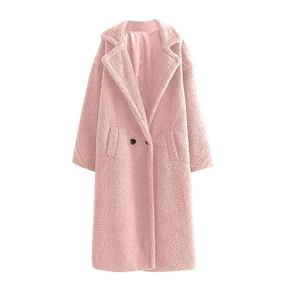 hoksml Women's Long Teddy Sherpa Fleece Coat Solid Color Notched Lapel Loose Thickened Warm Winter Jacket with Pockets
