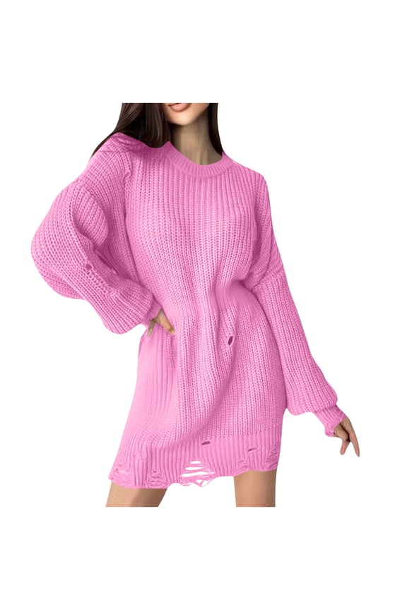 Women's Longline Distressed Knit Sweater Textured Crewneck Pullover Defined Waist Oversized Casual Tunic Top