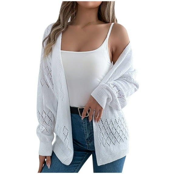 hoksml Women's Longline Solid Color Open-Knit Cardigan Oversized Loose Fit Long Sleeve Cover-Up Casual Lace Knit Sweater