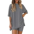 thumbnail image 1 of hoksml Women's Lounge Set, Two Piece Sets, Summer Oversized Tshirts Biker Short Sets Solid Color Round Neck Five Quarter Sleeved Top Shorts Sport Clothes 2025 on Clearance, 1 of 9