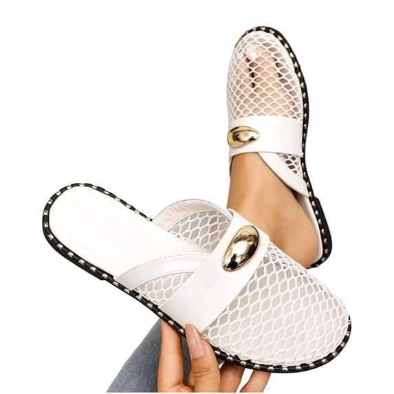 hoksml Women's Mesh Sandals, Breathable Closed Toe Slip-On Shoes with Metal Ornament for Summer and Casual Wear