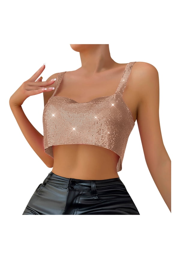 Women's Metallic Mesh Crop Tops Sleeveless Backless Chain Detail Sparkly Party Cami Tops for Club Night