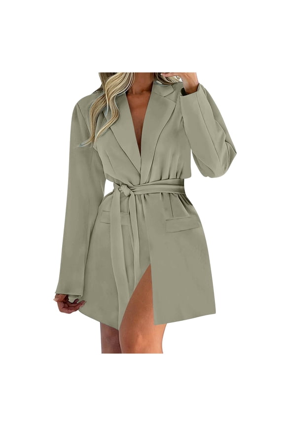 Women's Mid-Length Blazer Trench Coat Solid Color Notched Lapel V-Neck Straight Cut Long Sleeve Pocket Suit Jacket with Belted Waist