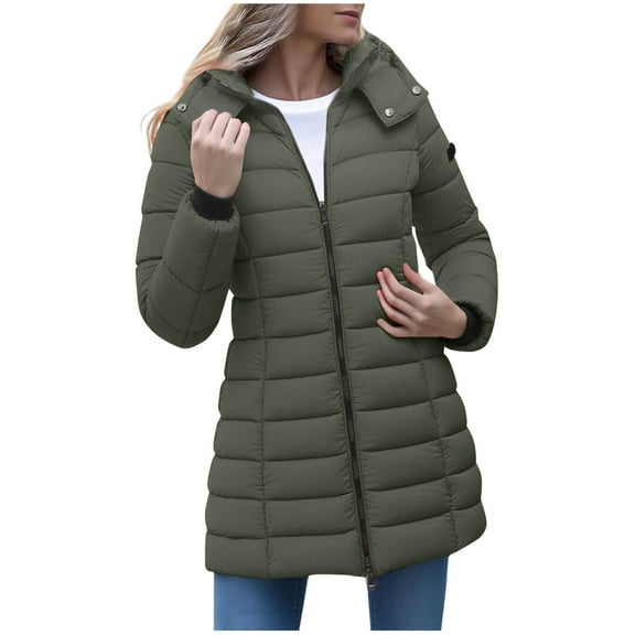 hoksml Women's Mid-Length Puffer Jacket with Dual Zipper Hoodie, Solid Color Casual Long Coat with Pockets