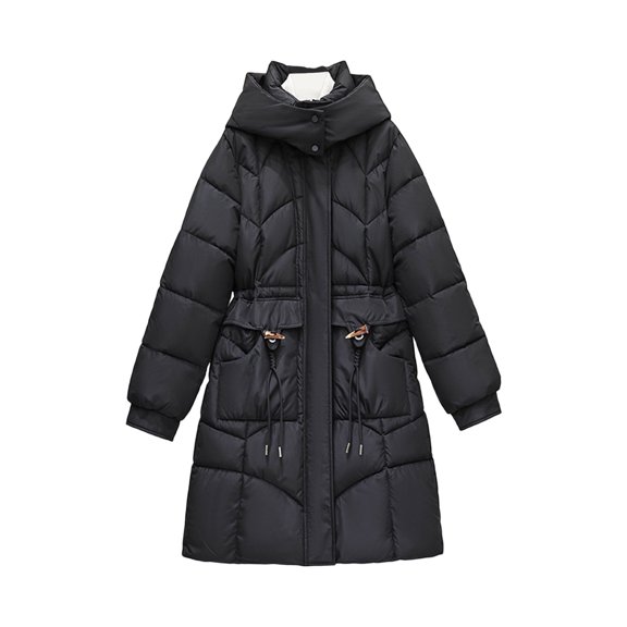 hoksml Women's Mid-Length Slim Fit Winter Coat Toggle Buttons Waisted Puffer Jacket Solid Color Classic Hooded Down Jacket