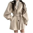 thumbnail image 1 of hoksml Women's Mid-Length Wool Blend Coat Notched Lapel Lantern Sleeves Waist Tie Belt Fall Winter Jacket Tops with Pockets, 1 of 4