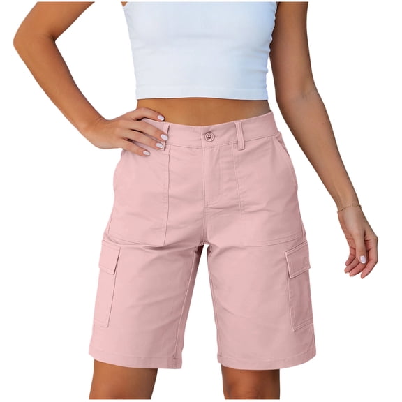 hoksml Women's Mid-Rise Cargo Shorts, Button Fly Casual Shorts with Multi Pockets