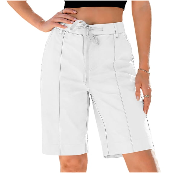 hoksml Women's Mid-Rise Casual Shorts, Drawstring Waist with Back Elastic, Cotton Blend Solid Color Bermuda Shorts