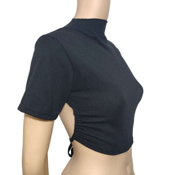 hoksml Women's Mock Neck Short Sleeve Cropped Top with Backless Crisscross Tie, Slim Fit Party Top for Clubwear