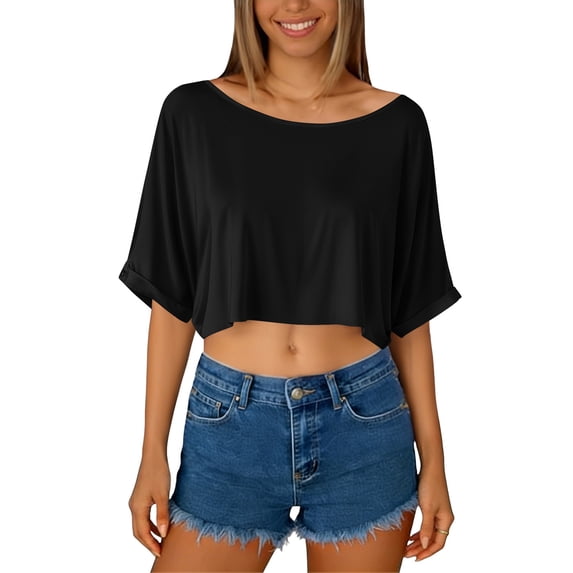 hoksml Women's Off Shoulder Batwing Sleeve Crop Top, Loose Flowy Curved Hem T-Shirt for Summer Casual and Vacation