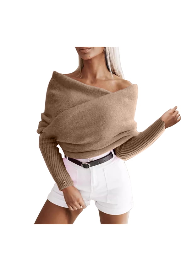 Women's Off Shoulder Scarf Sweater Solid Color V-Neck Multi-Way Long Sleeve Knitted Top Convertible Wrap Fashion