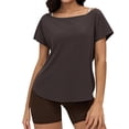 thumbnail image 1 of hoksml Women's Off Shoulder T-Shirt One Shoulder Convertible Short Sleeve Curved Hem Loose Fit Workout Tops Multiple Colors, 1 of 5