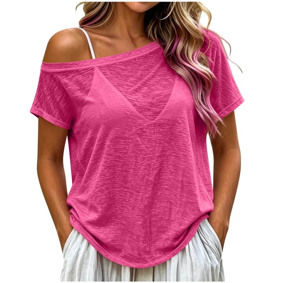hoksml Women's Off Shoulder T-Shirt, Short Sleeve Sheer Slouchy Top, Casual Loose Tee for Daily and Summer Wear
