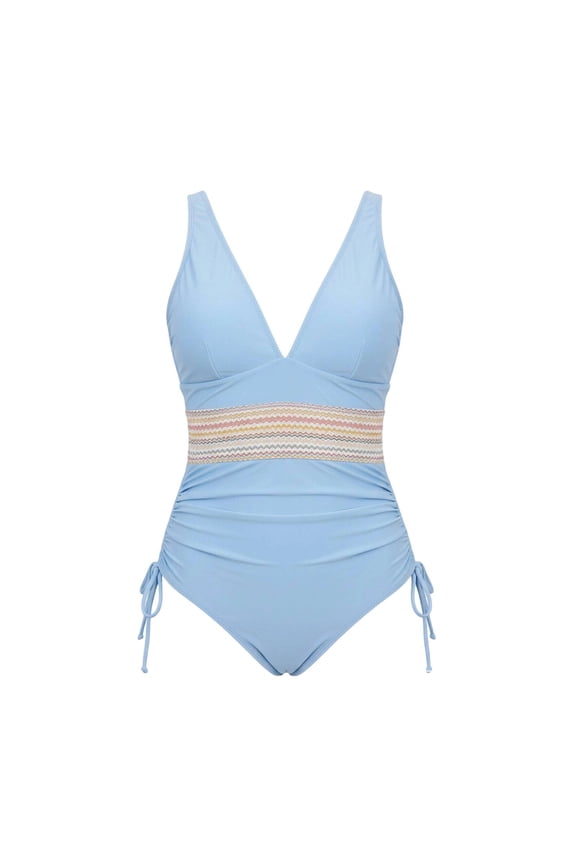 Women's One-Piece Swimsuit Halter Neck Tie and Deep V-Neck with Side Drawstring, Solid Color Bathing Suit Slim Fit Beachwear
