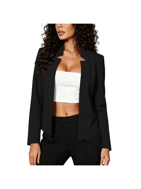 Women's Open Front Stand-Up Collar Cropped Blazer Jacket, Back Split Long Sleeve Slim Fit Casual Suit Coat for Office Daily Wear