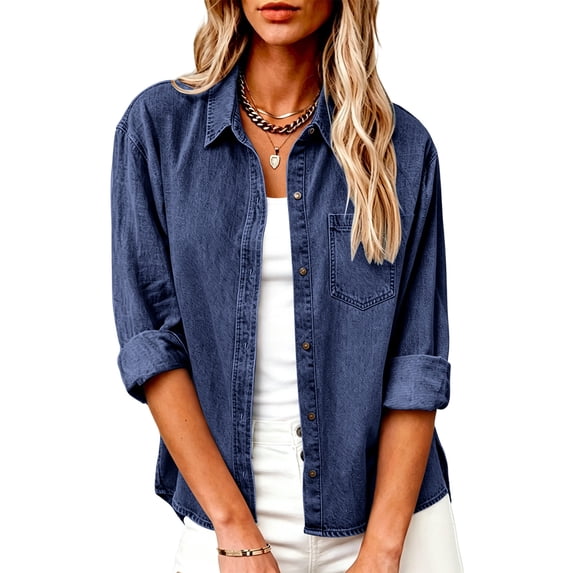 hoksml Women's Oversized Denim Shirt Collar Pocket Roll Sleeve Button Down Casual Blouse for Street Daily Durable