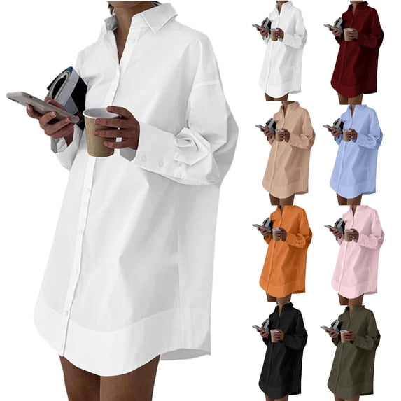 hoksml Women's Oversized Long Shirt Dress Collar Button Down Long Sleeve Curved Hem Casual Tunic Blouse