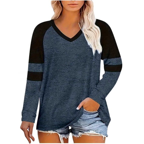 hoksml Women's Oversized Sweatshirt Long Sleeve V-neck T Shirts Casual Color Block Top Loose Contrast Color Large Size Spring Fall Comfortable Soft Bottom Shirt
