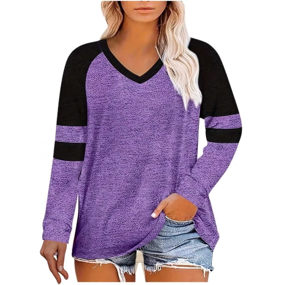 hoksml Women's Oversized Sweatshirt Long Sleeve V-neck T Shirts Casual Color Block Top Loose Contrast Color Large Size Spring Fall Comfortable Soft Bottom Shirt