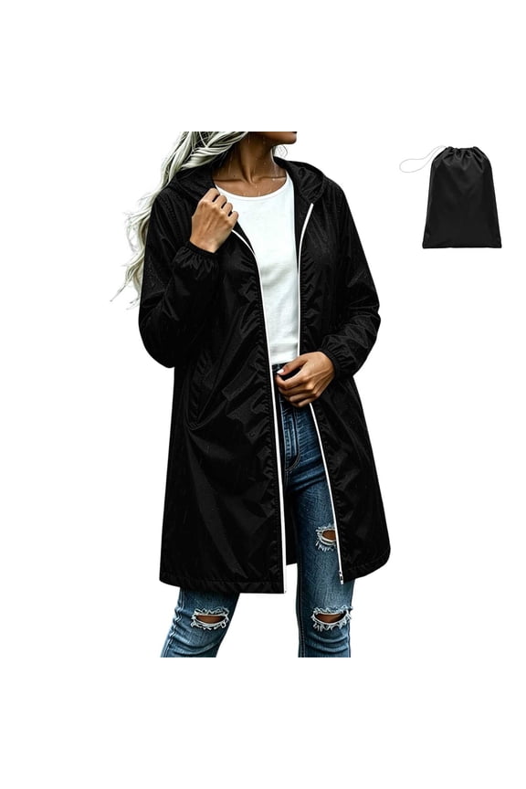 Women's Packable Hooded Rain Jacket, Water Resistant Full Zip Windproof Outerwear Coat with Storage Bag