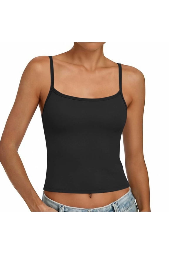 Women's Padded Square Neck Crop Tank Top, Adjustable Spaghetti Strap Built-in Bra Cami for Summer Layering Casual Wear