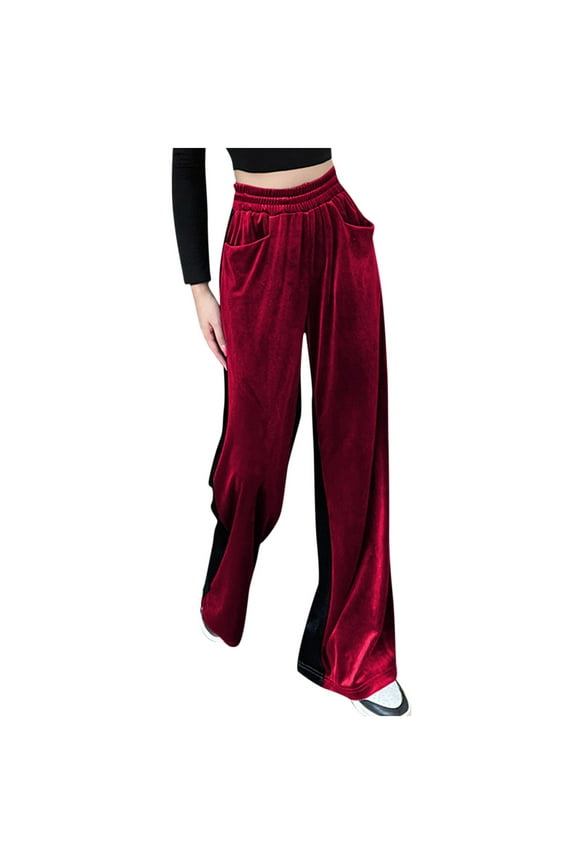Women's Pants Suede Elastic Waist High Waist Color Blocking Sagging Loose Wide Leg Trousers Length Pants