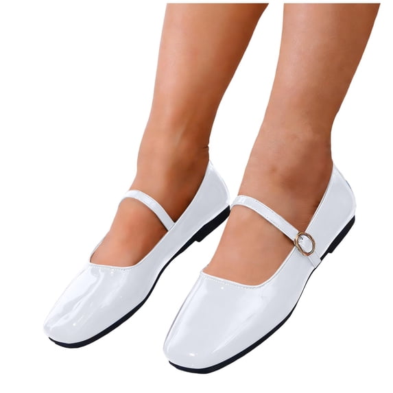 hoksml Women's Patent Square Toe Mary Jane Flats, Adjustable Buckle Strap, Low Heel Dress Shoes, Black/Beige/Wine
