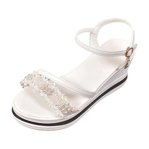 hoksml Women's Pearl Decor Wedge Sandals Peep Toe Ankle Strap Summer Casual Dressy Shoes for Ladies