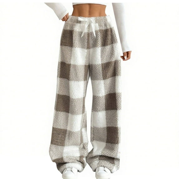 hoksml Women's Plaid Fleece Pajama Pants Flannel Lounge Pants Elastic Waist Winter Warm Plush Lined Sleepwear
