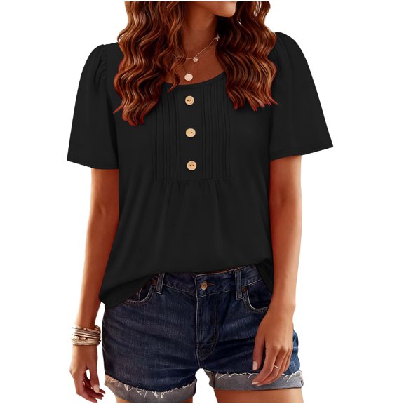 hoksml Women's Pleated Round Neck T-Shirt - Button Detail Short Sleeve Pullover Top for Spring Summer