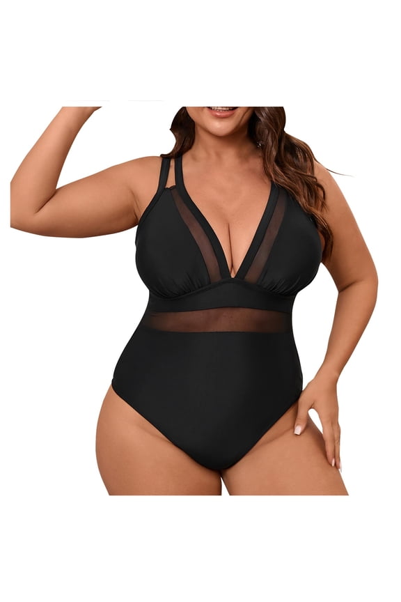 Women's Plus Size Black One-Piece Swimsuit with Bra Pads, Slimming Mesh Panel Retro Backless Bathing Suit