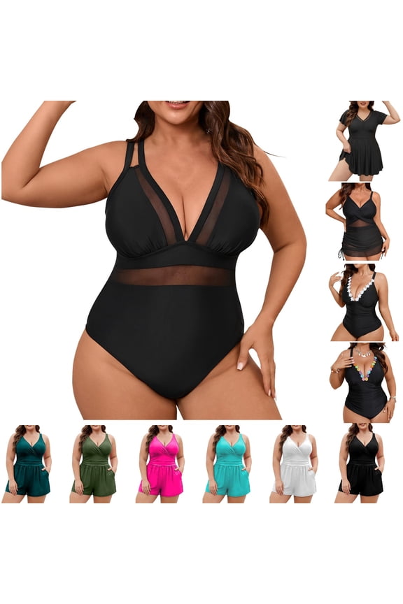Women's Plus Size Black One-Piece Swimsuit with Bra Pads, Slimming Mesh Panel Retro Backless Bathing Suit