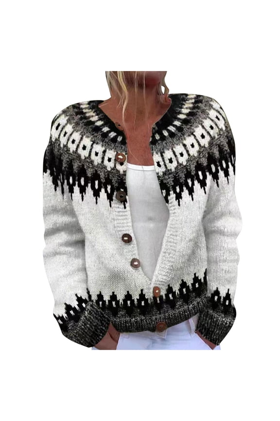 Women's Plus Size Boho Cardigan Sweater Loose Casual Folk Pattern Jacquard Knit Button Up Cover Up