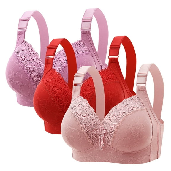 hoksml Women's Plus Size Bras Solid Color Wire-free Lace Trim Full Coverage Minimizer Everyday Bras Adjustable Straps 3-piece Set