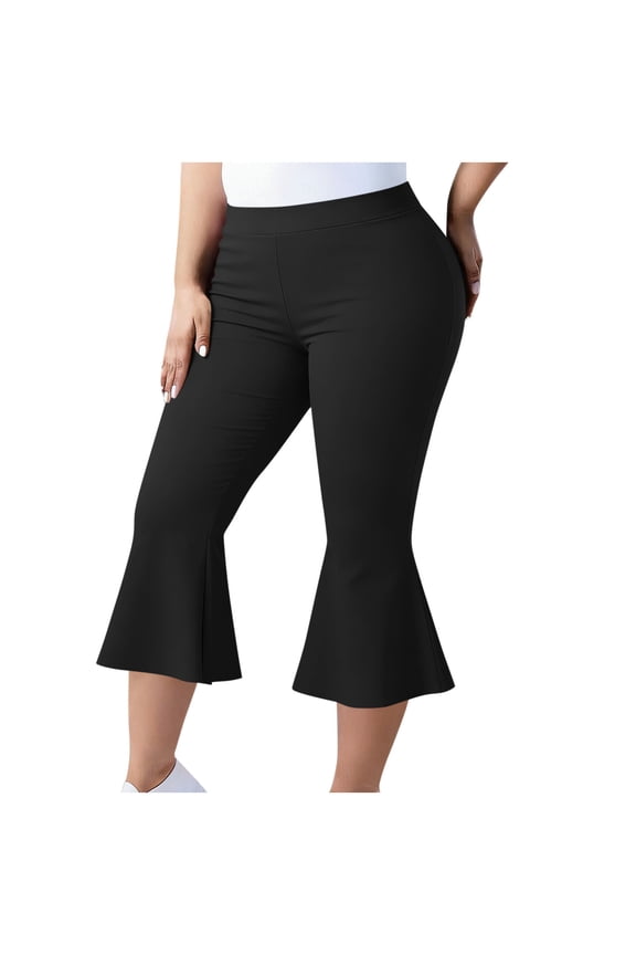 Women's Plus Size High Waist Flare Leg Pants, Stretchy Slim Elastic Waist Bell Bottom Capris L-5XL