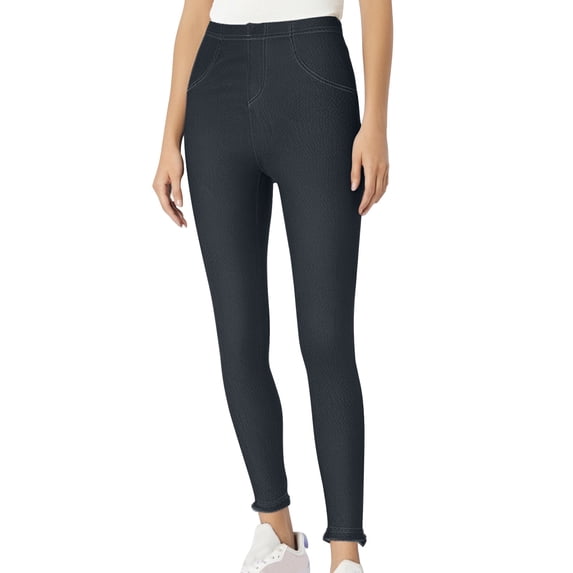 hoksml Women's Plus Size Jeggings Denim-Look Solid Color Leggings with Faux Pockets, Tummy Control Slim Fit Stretch Pants