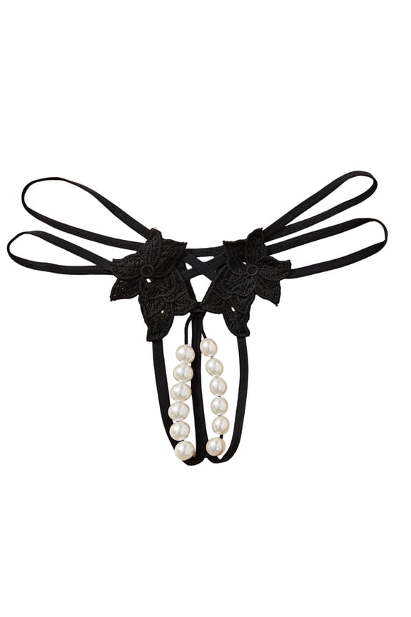 Women's Plus Size Lingerie Thong Sheer Open-Crotch Seductive Pearl Massage Panties Sensual Stretch Lace Underwear for Comfort Romance