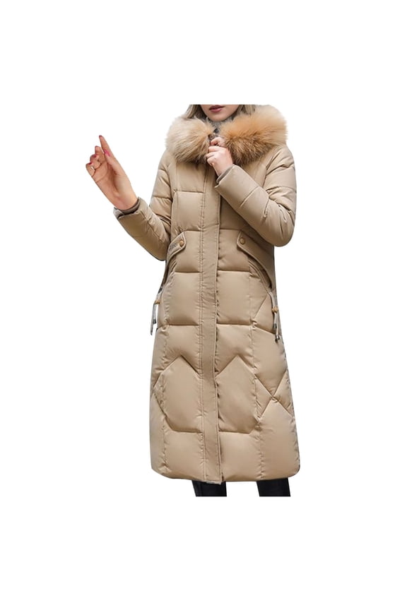 Women's Plus Size Long Down Jacket with Oversized Faux Fur Hood Winter Warm Parka with Secure Pockets M-4XL
