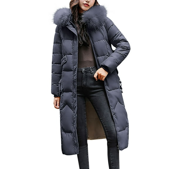 hoksml Women's Plus Size Long Puffer Jacket with Oversized Faux Fur Hood Winter Warm Parka Down Coat with Secure Pockets