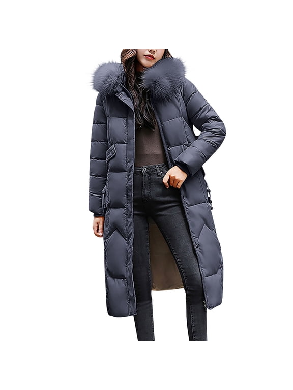 Women's Plus Size Long Puffer Jacket with Oversized Faux Fur Hood Winter Warm Parka Down Coat with Secure Pockets