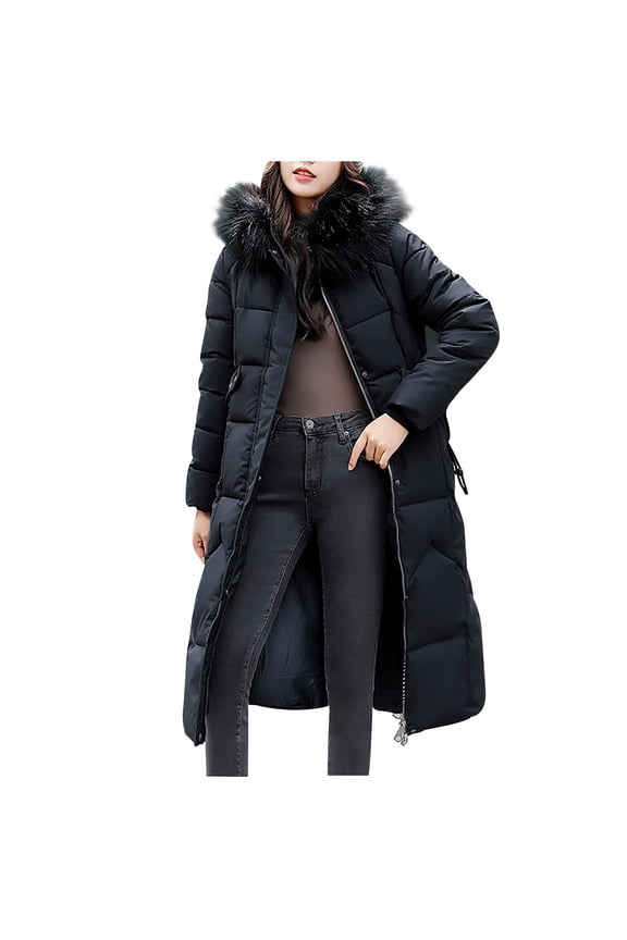 Women's Plus Size Long Puffer Jacket with Oversized Faux Fur Hood Winter Warm Parka Down Coat with Secure Pockets